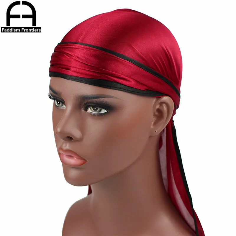 Unisex Männer Seidige Durag Schwarz Nähen Seide Durags Bandanas Für Männer Long Tail Doo Du Rag Wave Cap – Detail 1