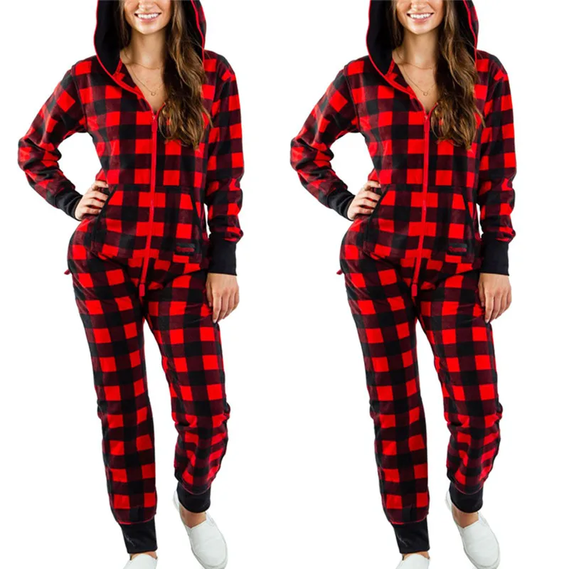 New Women\'s Christmas Pajamas with Hood Santa Pattern Adult Cozy Jumpsuits Homewear Lady Zipper Overall Rompers One Piece