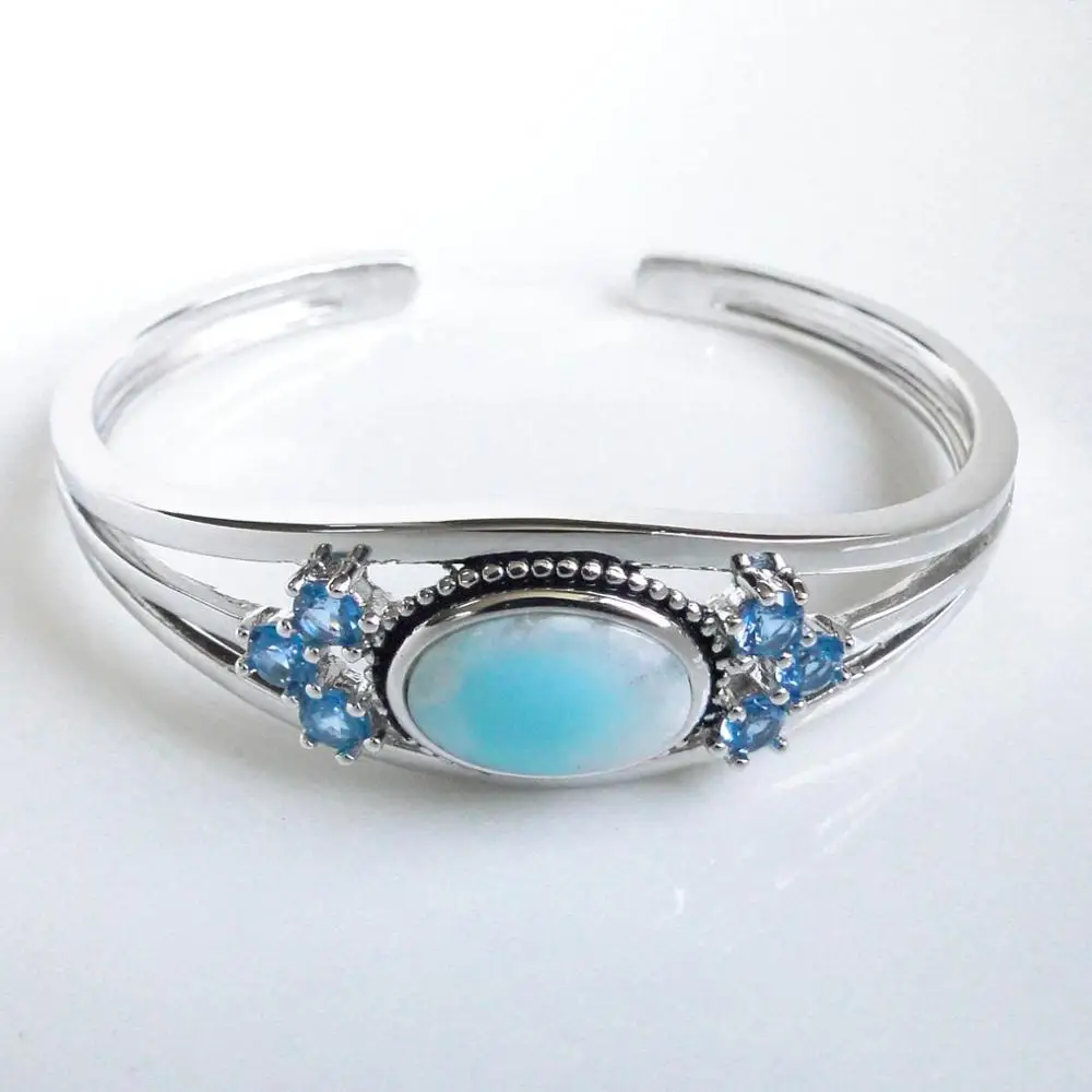 High Quality 925 Sterling Silver Natural Dominican Larimar Women Bangle For Gift