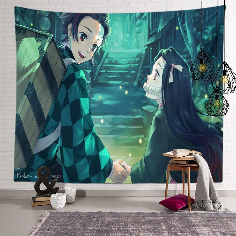 Cartoon Anime Demon Slayer Wall Cloth Carpet Kamado Tanjirou and Kamado Nezuko Room Decoration Background Cloth
