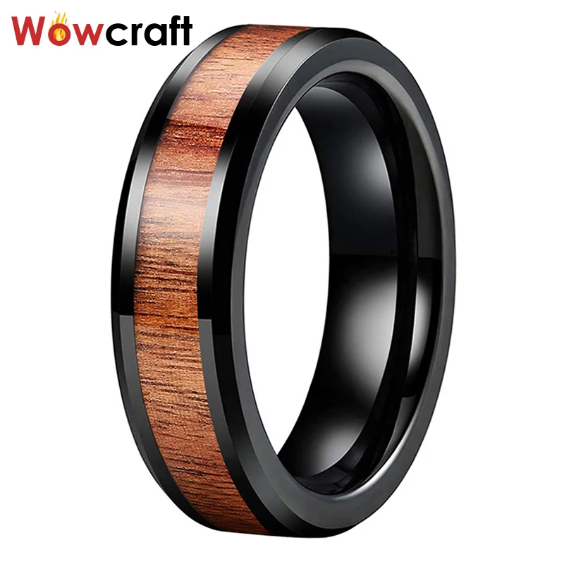 6mm Black Tungsten Carbide Wood Rings for Men Women Wedding Band Polished Finish Comfort Fit Free inside Engraving