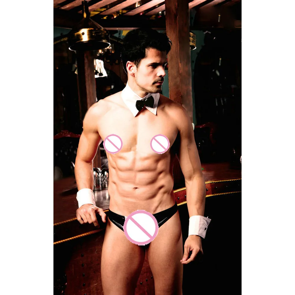 Sexy Men Mankini Thong Waiter Costume Cosplay Lingerie Bow Tie Sex Fashion Sexy Lingerie Exotic Stripper Underwear Clothes Set