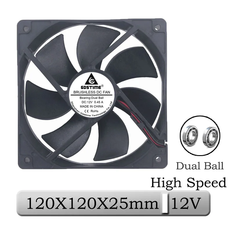 

1 Pcs Gdstime 12V 120x25mm 120mm Dual Ball High Speed Brushless DC Cooling Fan 12025B 12cm 2Pin Connector Computer Case Cooler