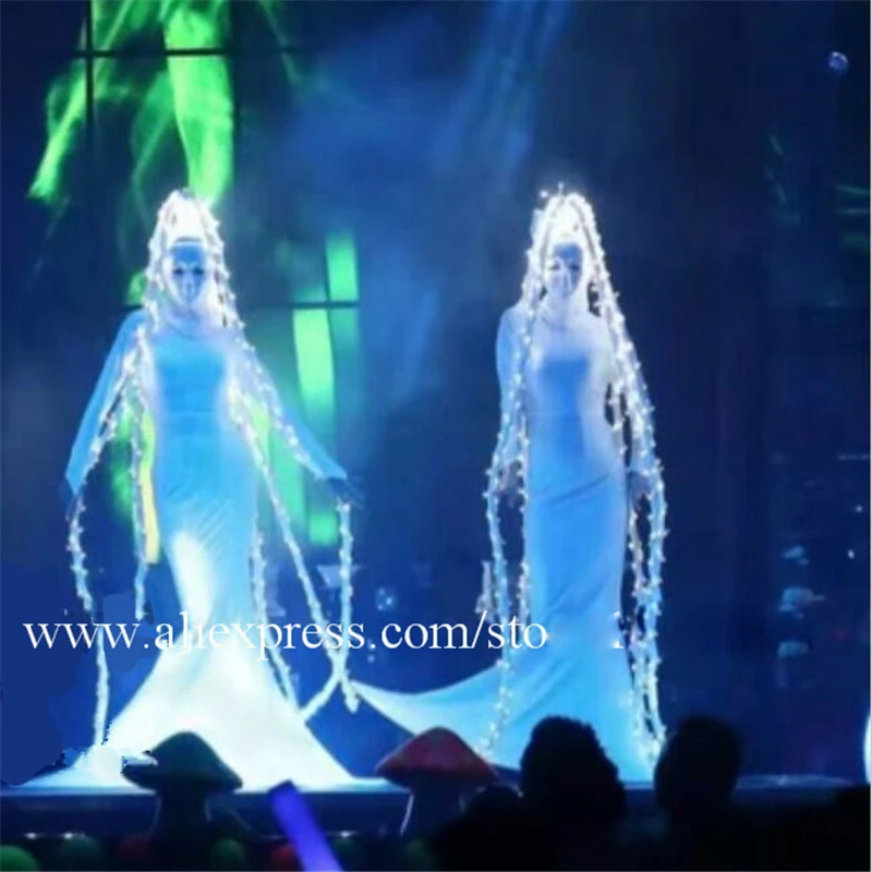 Dj hair ghost cosplay clothes Ballroom dance costumes led costume stage catwalk singer wears party women dresses white led light