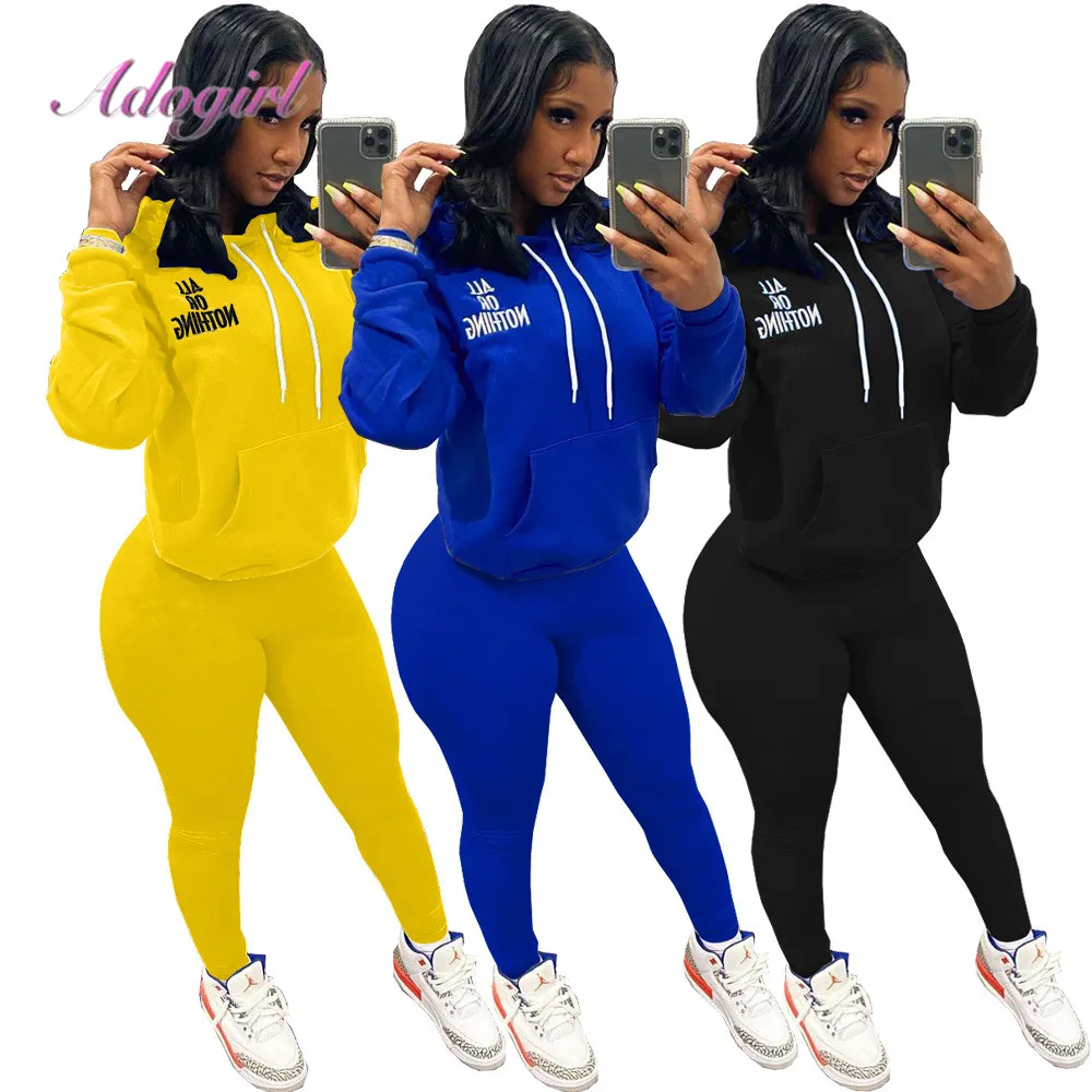 Autumn Fitness Workout Two Piece Sets Casual Solid Letter Print Long Sleeve Hoodies Tops Sweatpants Suit Outfit Sport Tracksuit