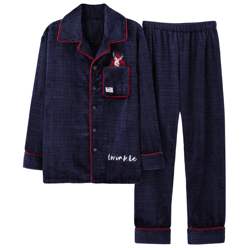 

Winter Flannel Men Pajamas Set Long Sleeve Turn-down Collar Pyjamas Homme Casual Soft Plus Size M-4XL Male Sleepwear Nightwear