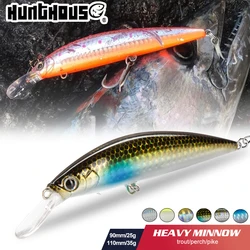 Hunthouse pesca pesado jerk minnow isca 90mm/25g 110mm/35g afundando longa carcaça rolamento wobblers manivela para baixo água salgada pesca