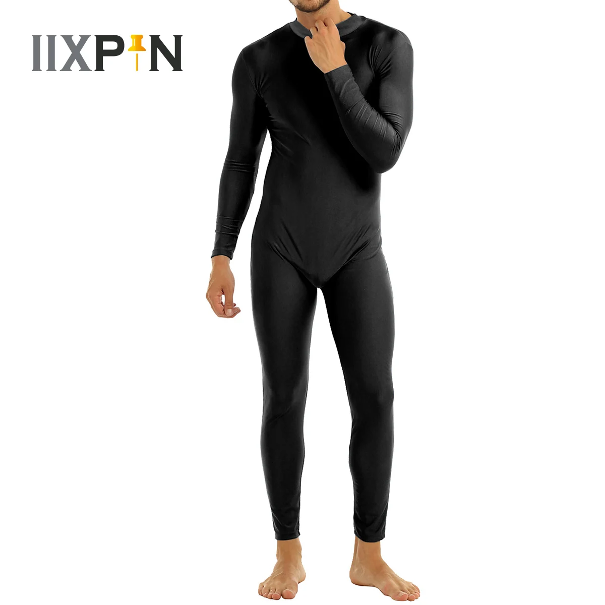 Herren Volle Körper Spandex Zentai Anzug Schwarz Langarm Unitard Erwachsene Zipper Zurück Footless Ballett Dancewear Body Kostüme