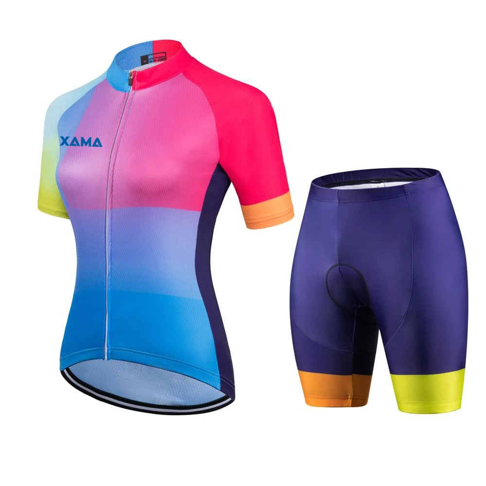 

2021XAMA Pro Women's Miticolor Short Sleeve Cycling Jersey Sets Bib Pant Conjunto Feminino Ciclismo Gel Pink Pad Maillot Mujer