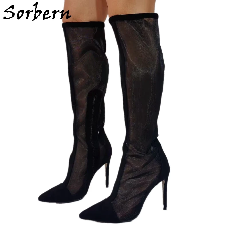 Sorbern Black Mesh See Through Boots Knee High Stilettos Pointed Toe Breathful Lady Boot Slim Fit Or Wide Shoes Custom