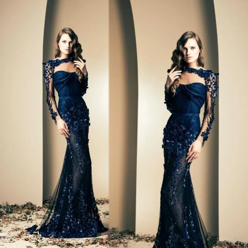 2020 Sexy Promi Kleid Meerjungfrau Sehen Durch Langen Ärmeln Appliques Abendkleider Trompete Prom Kleider Party Tragen Navy