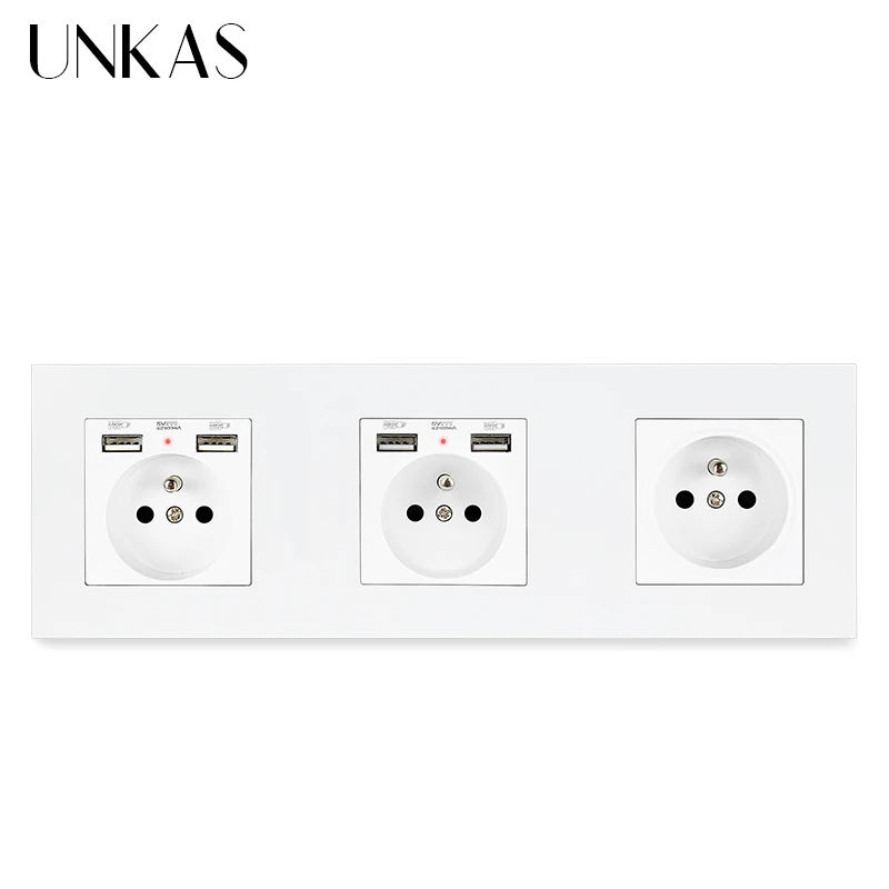 UNKAS 3 Gang PC French Standard Wall Socket With 2 USB Charging Port + 1 Gang French Socket Plastic Panel 258*86mm