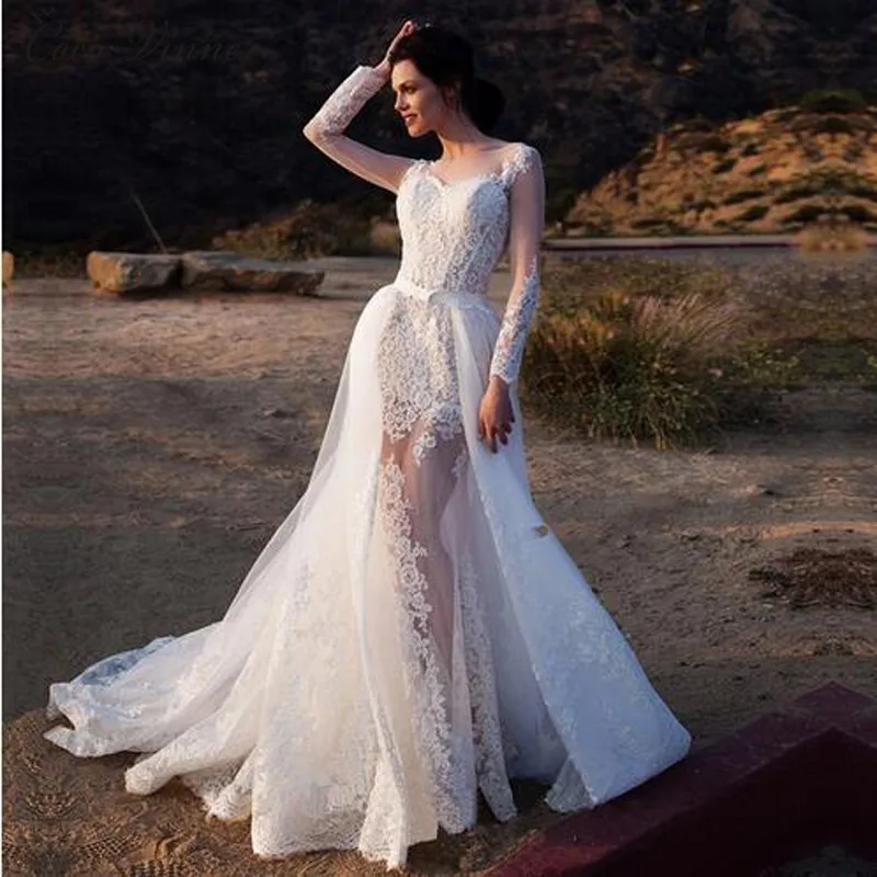 2 In 1 Long Sleeve Illusion Sexy Mermaid Wedding Dresses With Detachable Train Fashion Europe Style Wedding Dress provance dress