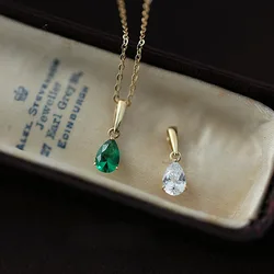 925 Sterling Silver Plated 14K Necklace White Green Zircon Water Drop Pendant Necklace for Women Wedding Jewelry