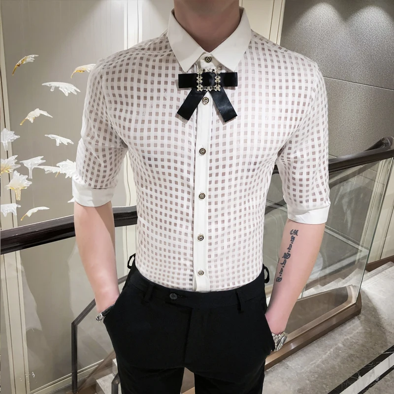 Hollow Summer Lace Out Shirt Men Streetwear Night Club Party Dress Shirts Casual Slim Fit Tuxedo Shirts Camisa Social Masculina