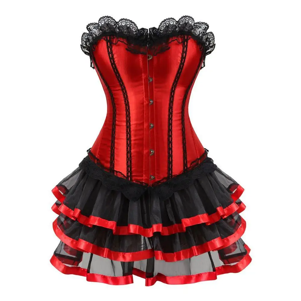 Plus Size S-6XL New Black/Purple/Blue/Red Lace Up Sexy Top Boned Satin Corset Bustier + skirt