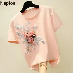 Neploe O Neck Flower Embroidery Pullover T Shirt Women Loose Causal Pink Short Sleeve Tees Summer 2024 New Cutton Top 49174