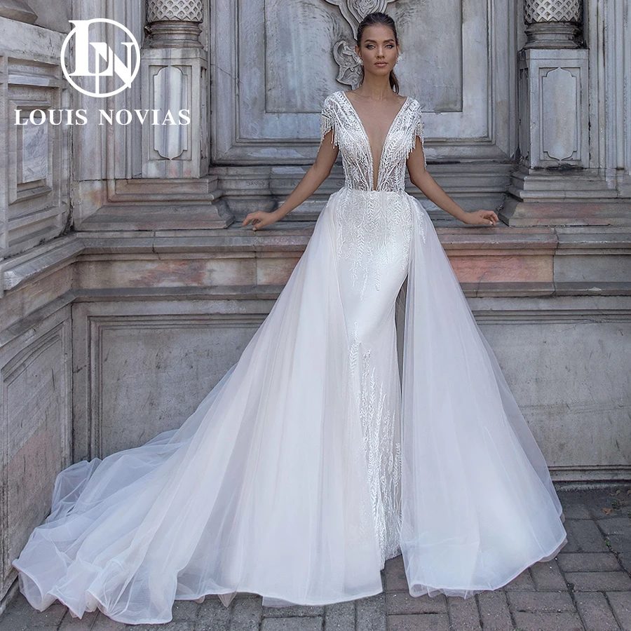 

LOUIS NOVIAS Mermaid Wedding Dresses For Woman 2024 Beading Tassel Appliques 2 In 1 Detachable Train Backless V-Neck Bridal Gown