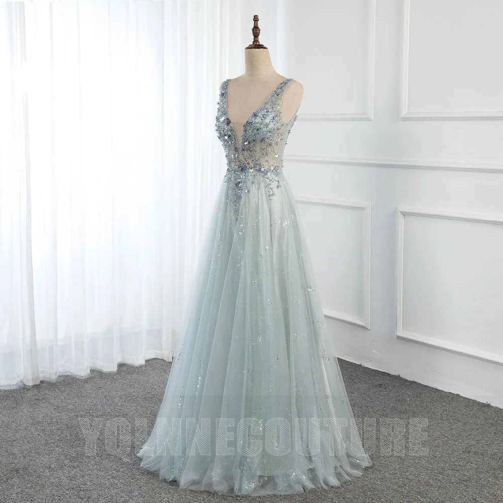 YQLNNE New Arrival Sexy Mint Long Prom Dresses V Neck Tulle Sequined Beaded Backless Formal Party Gowns