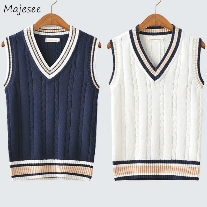 

Sweater Vest Men Thicken V-neck Sleeveless Knitted Sweaters Vests Striped Retro Preppy-style Simple Chic Loose Casual All-match