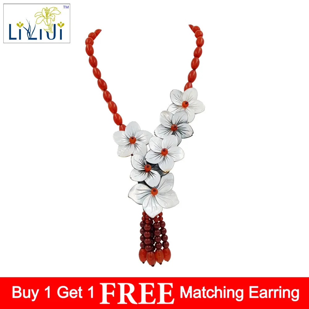 

LiiJi Unique Natural Stone Red Agatess, Handmade carving Shell Flowers with jades Toggle Clasp Necklace Fashion Women Jewelry