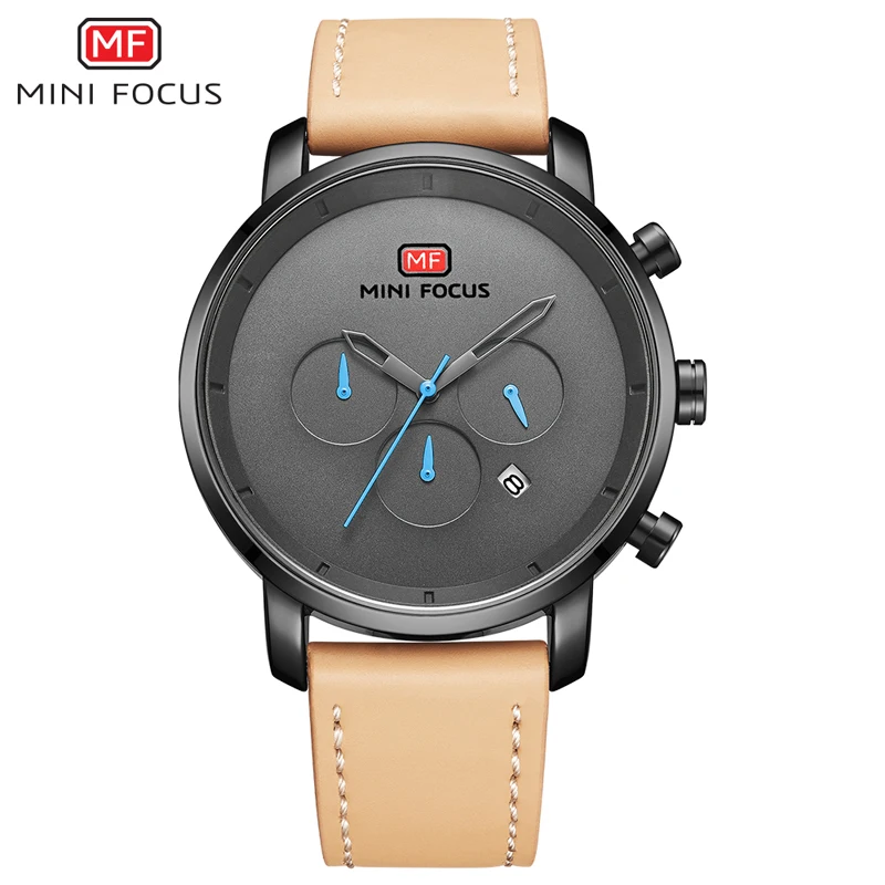 MINI FOCUS Genuine Leather Quartz Watches Men Top Brand Chronograph Wristwatch Army Sports Watch Men Clock Relogios 0102 Brown