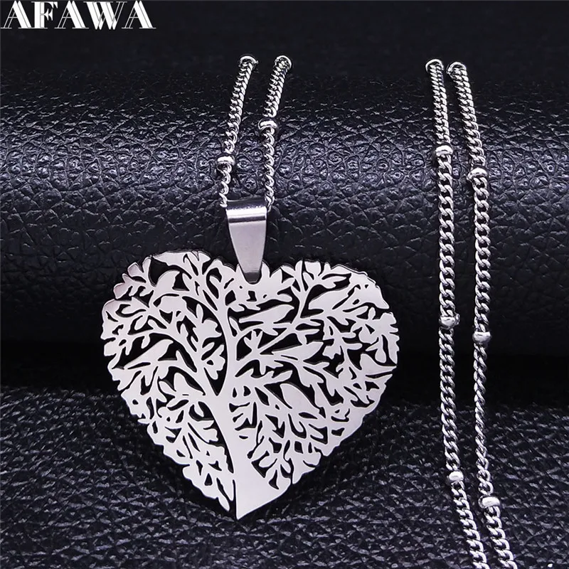 Aesthetic Love Heart Bird Tree of Life Necklace for Women Men Stainless Steel Silver Color Chain Gift Jewelry collares N4205S01