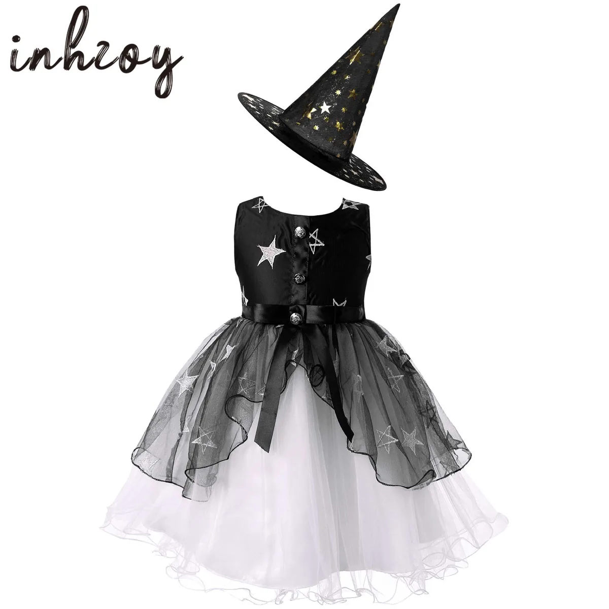 Kids Girls Witch Tutu Dress Shiny Sequin Halloween Princess Fairy Tulle Dance Wear with Witch Hat