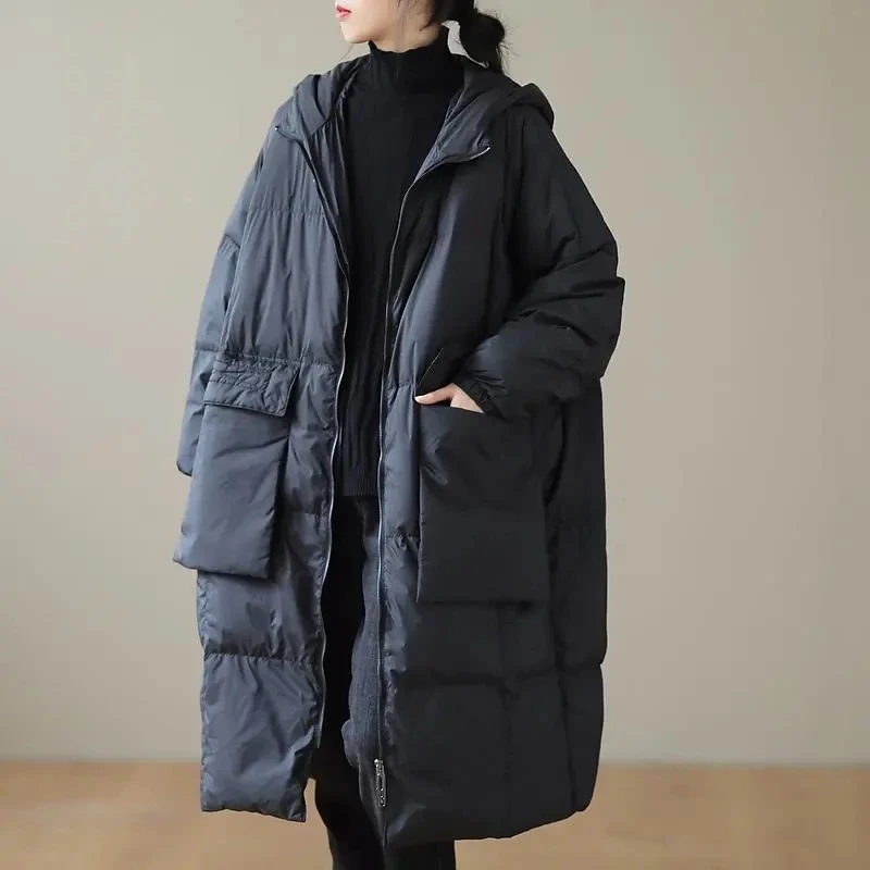 New Winter Coat Women Hooded Long Sleeve Solid Black Cotton-Padded Warm Loose Femmes Jacket Parkas Cotton clothes Outwear