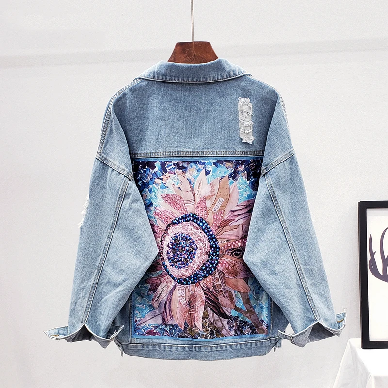 

Women Denim Jacket Coat Diamonds Hole Floral Appliques Embroidery Female Spring Autumn Casual Loose Cowboy Outwear