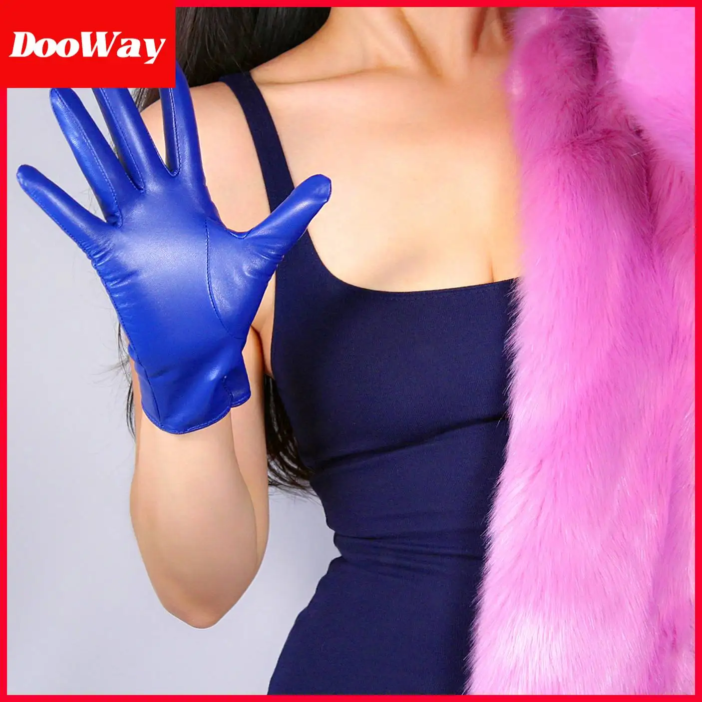 DooWay Women Real Leather Royal Blue Gloves Genuine Goatskin Sheepskin Wrist Short Vintage Winter Warm Driving Evening Glove