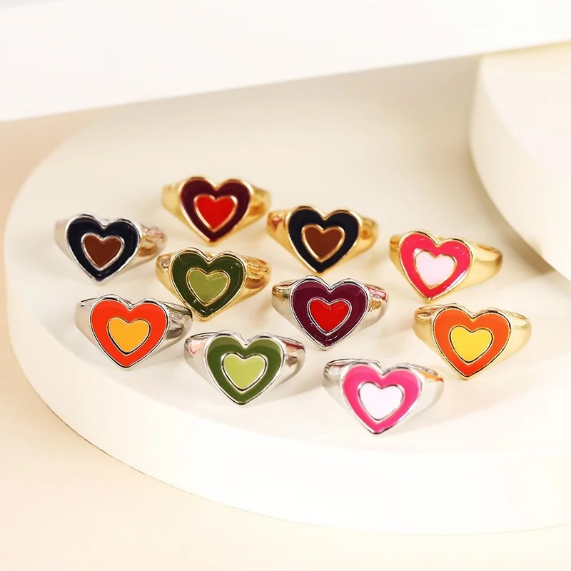 2024 Cute Double Layers Loving Heart Coffee Two-Tone Sweet Loving Heart Drip Ring Couples Matching Gothic Accessories Jewelry