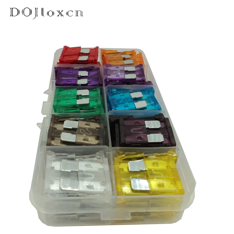 1 Box 100 Pcs Medium Auto Blade Fuse Box Assortment 3A 5A 7.5A 10A 15A 20A 25A 30A 35A 40A With High Quality Plastic Box