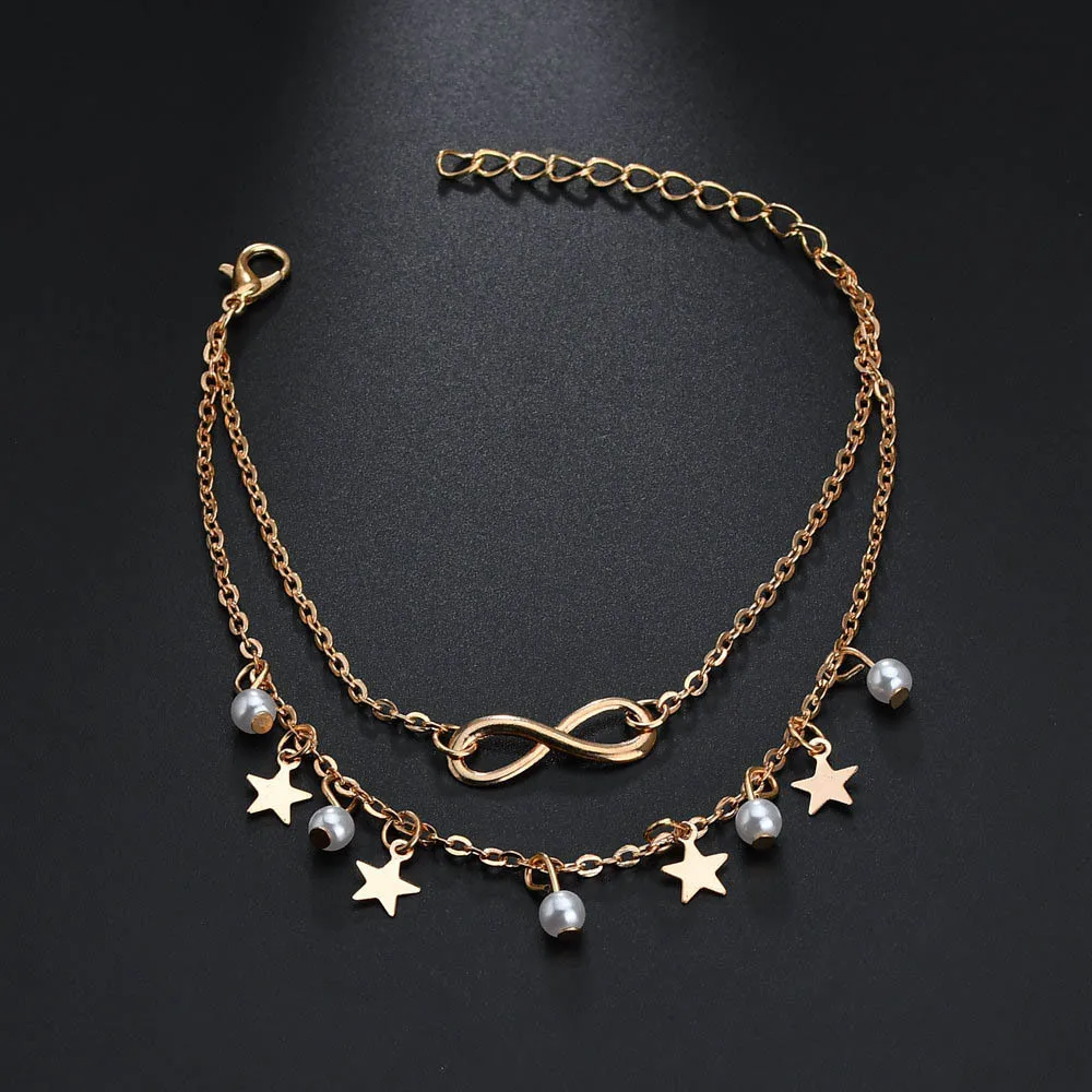 Simple Tassel Double Star Pearl 8 Word Female Anklet Barefoot Crochet Sandals Foot Jewelry New Ankle Bracelet Female Leg Chain