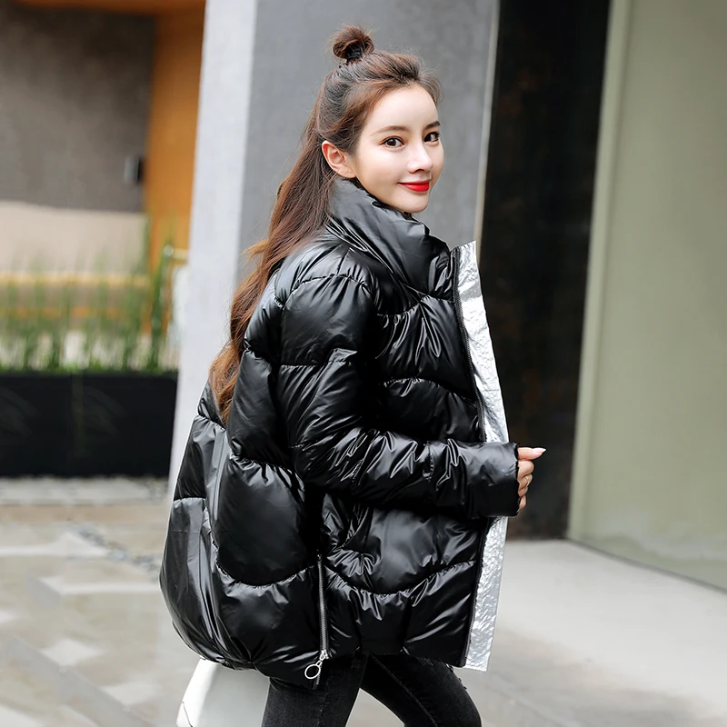 

Women's Winter Coat Shiny Thick Puffer Jacket Women Fad Plus Size Loose Cotton Padded Glossy Stand Collar Casual Female Parkas