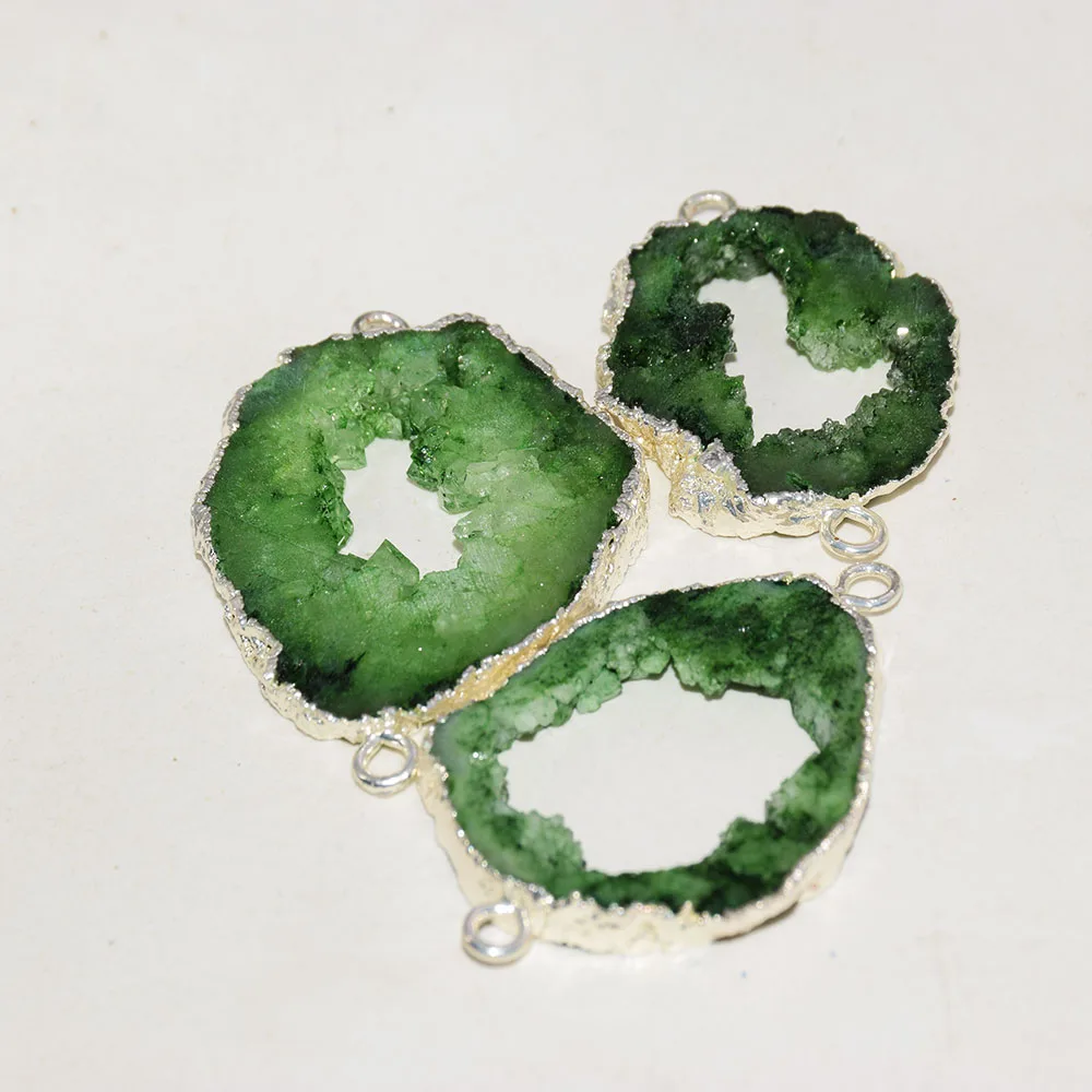 Big Green Druzy Stone connector for jewelry making women 2023 silver plated bezel Geode druzy slice hole Irregular agate 10pc