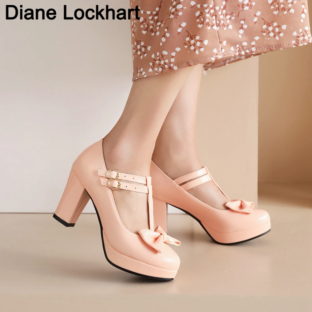 

Plus Size T Strap Mary Janes Women Shoes Lady High Heel Round Toe Bow Lolita Pumps Feminine Platform Heels Party wedding Footwea