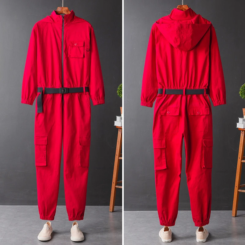 2022 Overalls Men Jumpsuit Cotton Hooded Zipper Long Sleeve Beam Feet Streetwear Clothing Cargo Pants Hip Hop Red Trousers