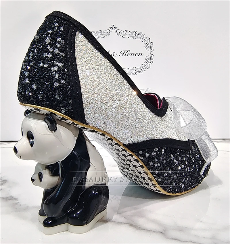 Novelty Panda-Shaped Strange Heel Banquet Shoes Woman Round Toe Platform Ribbon Lace-Up Sequins Pumps Women Spring