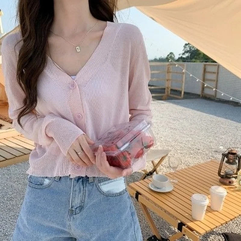 Cardigan Women Thin Summer Casual Solid Feminino Sun-proof Ulzzang All-match Knitted V-neck Sweet Style Candy Color Basic Daily