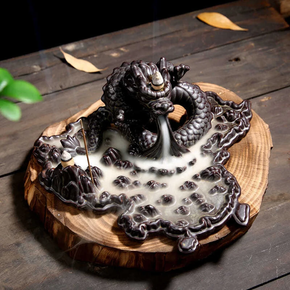 Larger dragon exhales smoke backflow incense burner, Smoke waterfall incense burner, home indoor sandalwood aroma burner