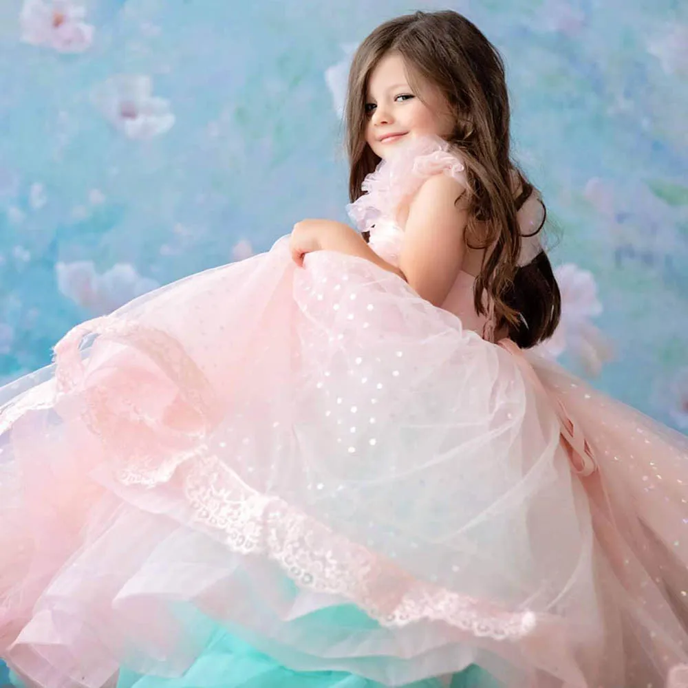 V-hals Sleeveless Lace Tulle Meisjes Pageant Een Lijn Bloem Meisjes Jurken Baby Kinderen Feestjurk Jurk