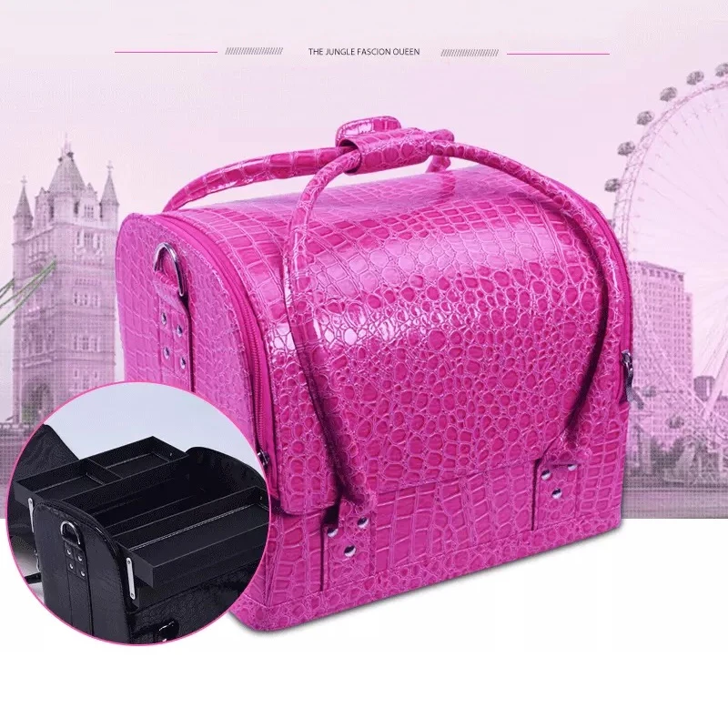 

New Women easy to carry Cosmetic bag,Nails Makeup Toolbox,Multifunction Beauty Box Luggage Suitcase Girl Crocodile patte handbag