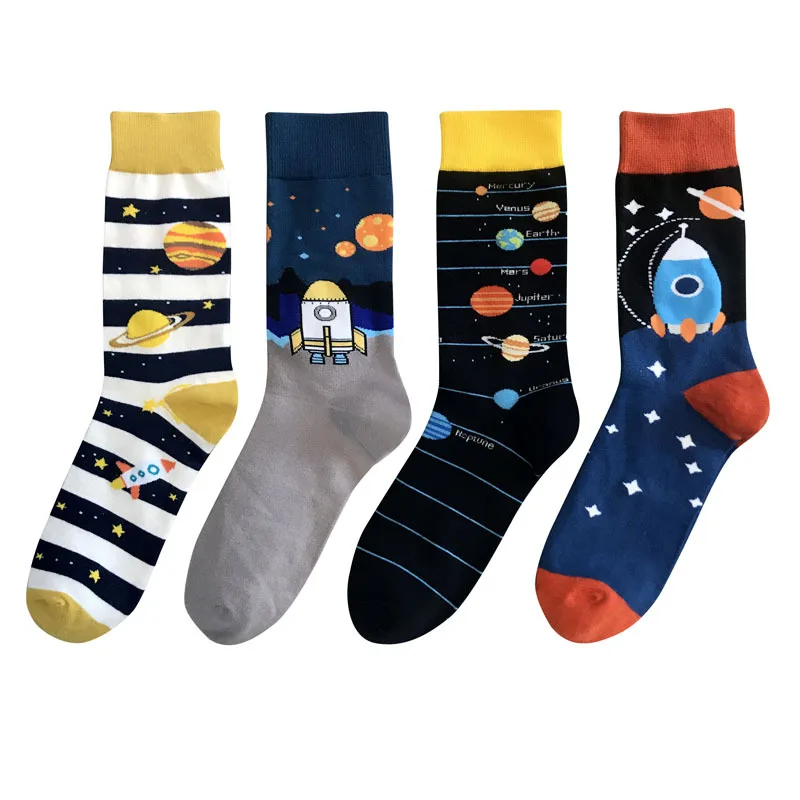 Large Novelty Happy Socks Cotton Long Creative Astronaut Planet Spaceship Rocket Alien Pattern Personalized Trendy Men's Sock