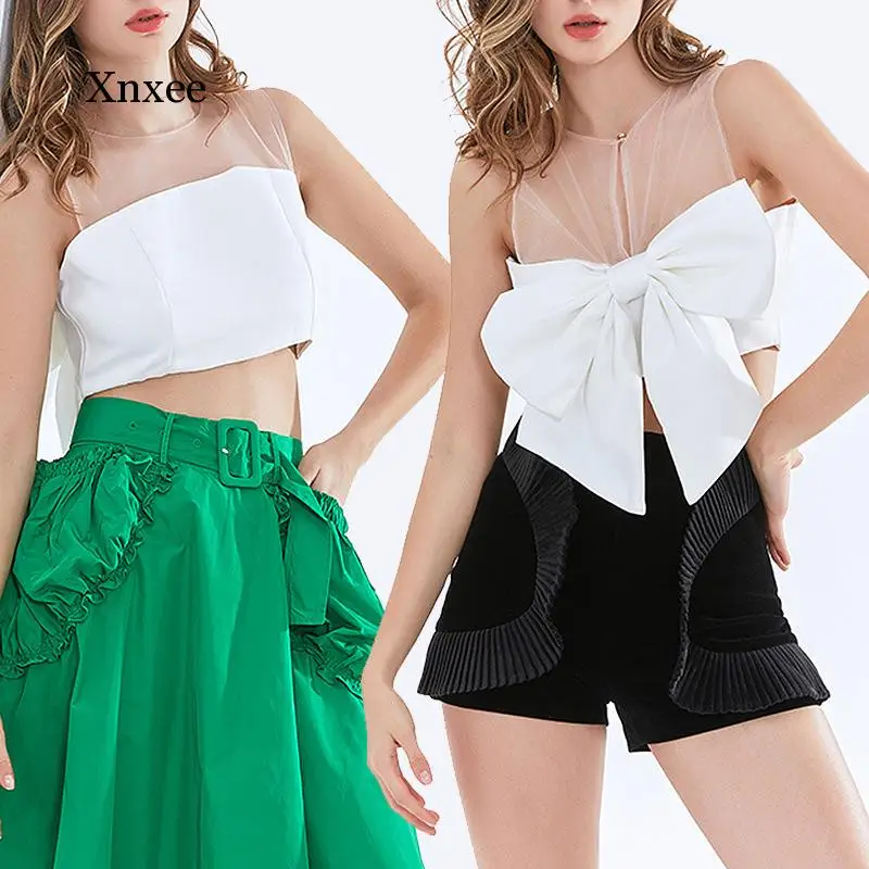 Elegant Solid White Black Crop Tops Mesh Women Sleeveless Tulle Bowknot Fashion Transparent Summer Sweet Beach 2021 Vest Clothes