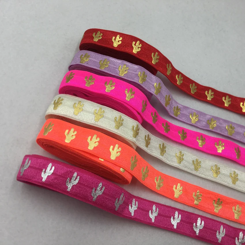 5yards/Lot 5/8\'\' 15mm Gold Foil Cactus FOE Fold Over Elastic For DIY Hair Ties Strap Accessaries