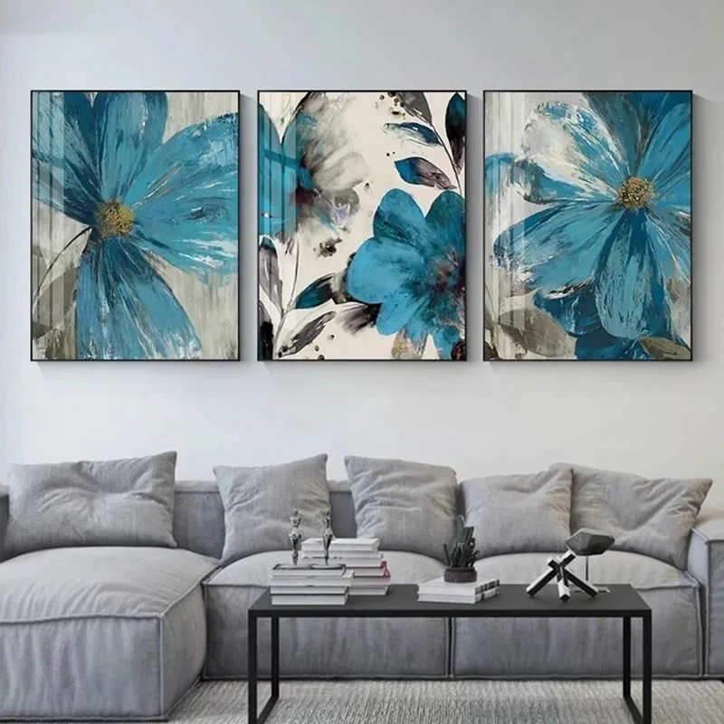 

Vintage Blue Paint Flowers Canvas Painting Abstract Poster Blooming Life Botanical Print Wall Art Picture Living Room Decoration