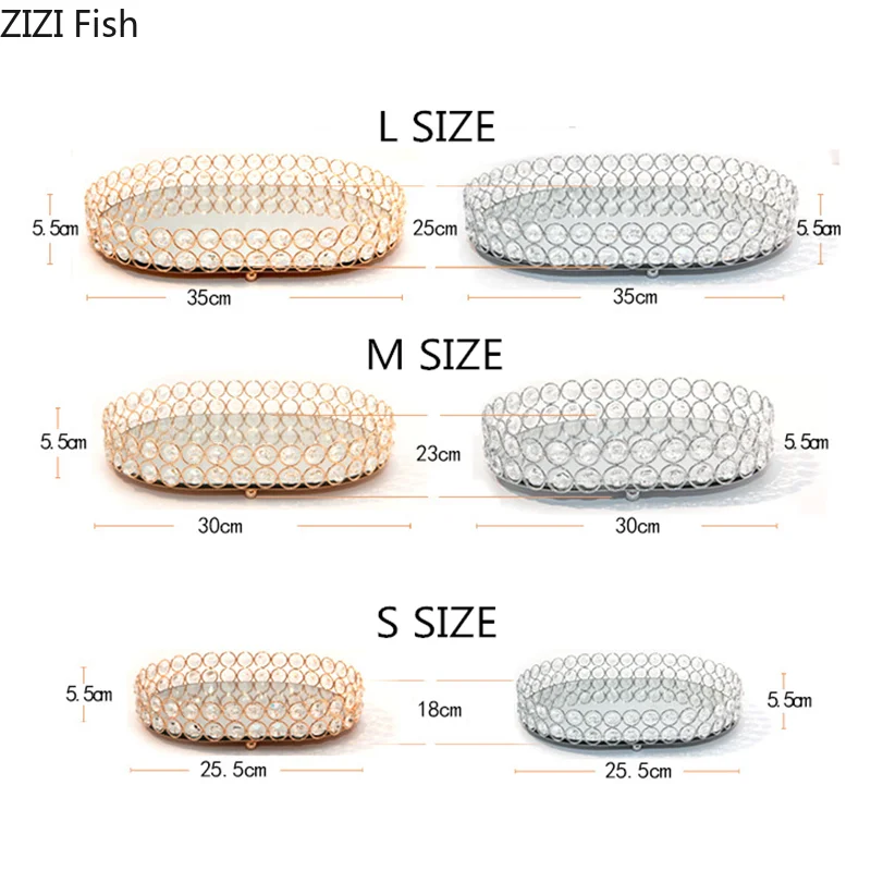 Golden Crystal Mirror Tray Jewelry Storage Box Glass Mirror Cosmetic Rack Desktop Storage Organizing Dishes Wedding Fruit Dish