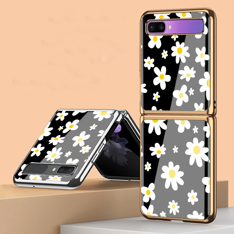 

Z Flip 3 Funda Case for Samsung Galaxy Z Flip 3 Z Fold 3 Z Fold 2 Daisy Pattern Coque Plating Tempered Glass Phone Case Cover