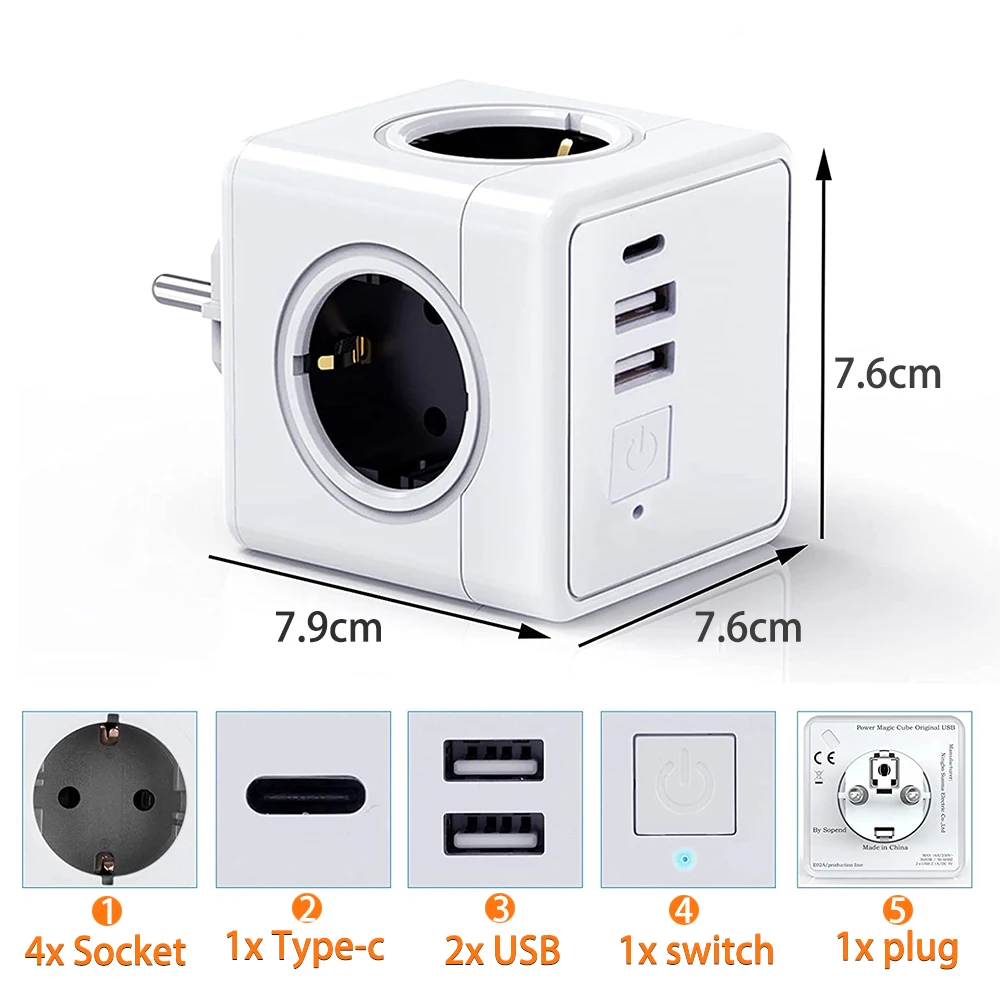 16A EU Wall Socket Power Strip with 4 AC Outlets USB Charger Adapter Overload protection Multi Socket Power Adapter